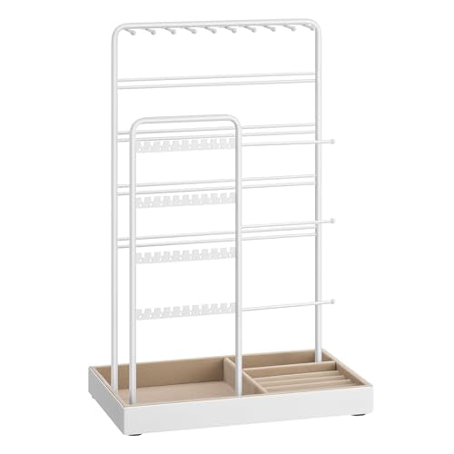 SONGMICS Necklace Holder, Jewelry Stand Holder Organizer, Jewelry Display with Metal Frame, Velvet Tray, Earring Bracelet Holder, for Gift Idea, 5.5 x 9.4 x 14.1 inch, Matte White UJJS028W01 | Necklace Earring Bracelet Holder, for Studs, Rings, Gift Idea,