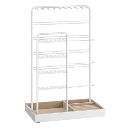 SONGMICS Necklace Holder, Jewelry Stand Holder Organizer, Jewelry Display with Metal Frame, Velvet Tray, Earring Bracelet Holder, for Gift Idea, 5.5 x 9.4 x 14.1 inch, Matte White UJJS028W01 | Necklace Earring Bracelet Holder, for Studs, Rings, Gift Idea,