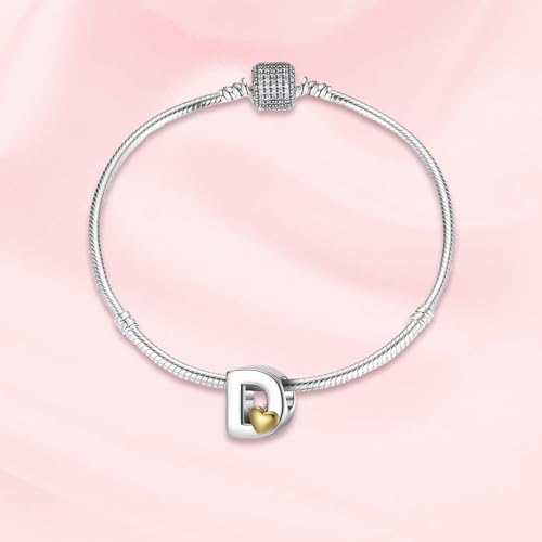 A~Z Alphabet Charm Letter Beads 925 Sterling Silver with Heart-shaped 5A Cubic Zircon Stones fits Pandora European Bracelets Necklace Jewelry Gift for Women - style: D Letter Charms