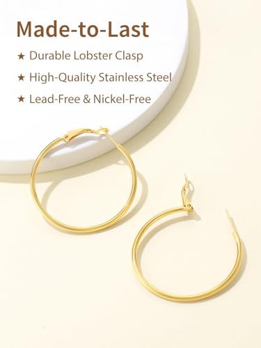 FindChic Thin Hoop Earrings for Women,Silver/Black/Gold Plated 20-100mm - color: Gold, size: 40mm