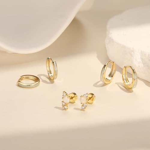 Opal Earrings Set for Women, Birthday Gift for Her, Sterling Silver | 14K Gold Plated, Hypoallergenic S925 Opal Hoop Stud Earrings for Women with Sensitive Ears, Dainty earring Stacks—Trendy Opals Jewelry 2026 - color: Gold Flat Back Studs