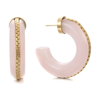 Gold Plated Resin Chunky Hoop Earrings Hypoallergenic Push Back Hoops for Sensitive Ears - color: Pale Pink