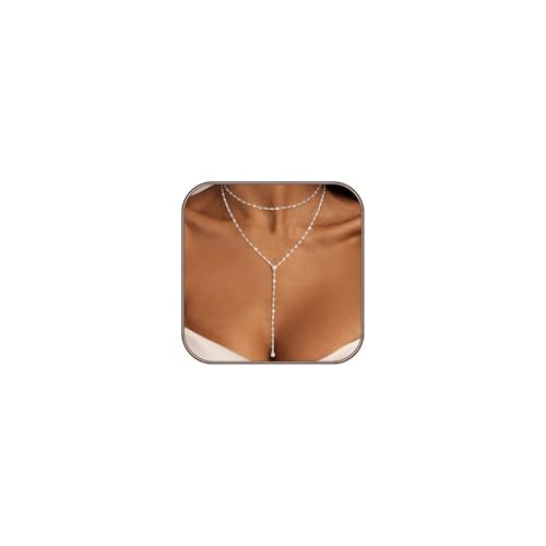 Airmb Lariat Silver/Gold Necklace for Women 925 Silver/14K Gold Plated Dainty Long Necklace Y-Shaped Drop Pendant Necklaces Choker Trendy Chain Simple Layered Necklaces CZ Jewelry for Women Set Gift