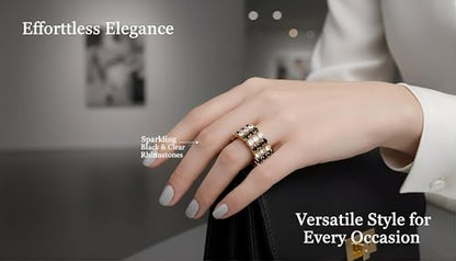 Sparkling Rhinestone Ring Set Trendy Elastic Rhinestone Crystal Stretch Ring Stackable Jewelry for Women Girls - color: 3 Rows Ring-Golden+White+Black
