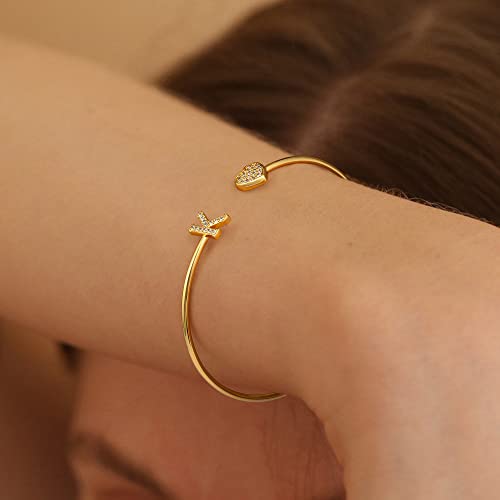 Gold Bracelets for Women Teen Girls, 14K Gold Plated Initial Heart Bangle | Adjustable Open Cuff Bracelet, Dainty Letter Jewelry, Daughter Sister Bridesmaid Friend, Birthday Christmas Graduation Gift - color: C.