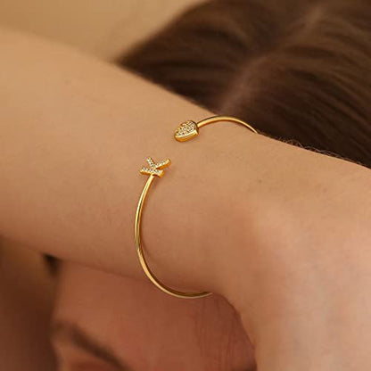 Gold Bracelets for Women Teen Girls, 14K Gold Plated Initial Heart Bangle | Adjustable Open Cuff Bracelet, Dainty Letter Jewelry, Daughter Sister Bridesmaid Friend, Birthday Christmas Graduation Gift - color: H