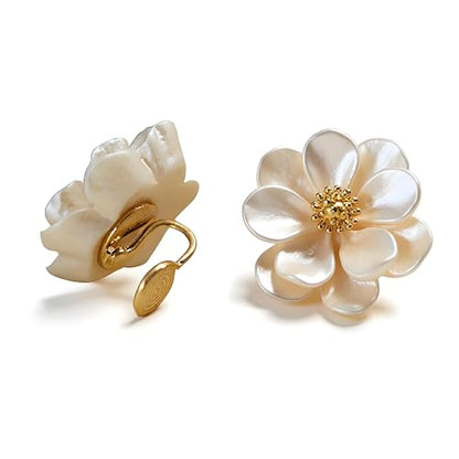 Clip-On Earrings for Womem Flower Faux Pearl Non Piercing Earrings Jewelry - color: Camellia