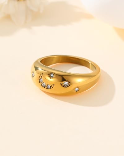YeGieonr Gold Rings for Women Non Tarnish, 18K Gold Plated Stainless Steel North Star Signet Ring, Waterproof Dainty Pinky Statement Ring, Tarnish Free Gold Jewelry for Women - color: Moon&Star Dome