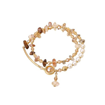 Wrap Bracelet for Women,Crystal Chip & Faux Pearl Beaded Double Layer with Gold-Tone Pendant, Boho Minimalist Style, Adjustable Fit