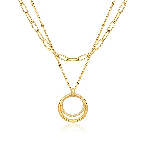 Fettero Pendant Necklace Gold Choker Layered Coin Open Karma Circle Full New Crescent Moon 14K Gold Plated Simple Dainty Necklaces for Women Jewelry Gift - style: Double Circle / 2 Layer