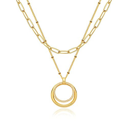 Fettero Pendant Necklace Gold Choker Layered Coin Open Karma Circle Full New Crescent Moon 14K Gold Plated Simple Dainty Necklaces for Women Jewelry Gift - style: Double Circle / 2 Layer