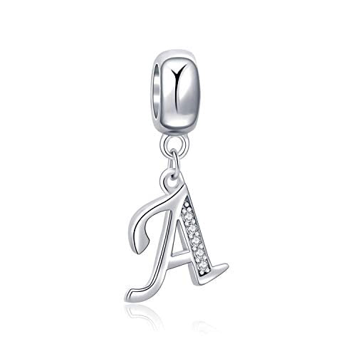 925 Sterling Silver Charms Alphabet Beads fit Pandora Charm Bracelets A-Z Letter Initial Spacer Dangle Clear CZ Stone Authentic for Snake Chain Bracelets - color: A