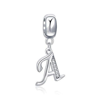 925 Sterling Silver Charms Alphabet Beads fit Pandora Charm Bracelets A-Z Letter Initial Spacer Dangle Clear CZ Stone Authentic for Snake Chain Bracelets - color: A