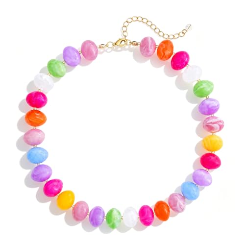 Colorful Chunky Beaded Necklaces for Women Multicolor Large Round Resin Beads Collar Necklace Boho Trendy Statement Chokers Y2K Summer Beach Jewelry - color: Candy Rainbow-Oval