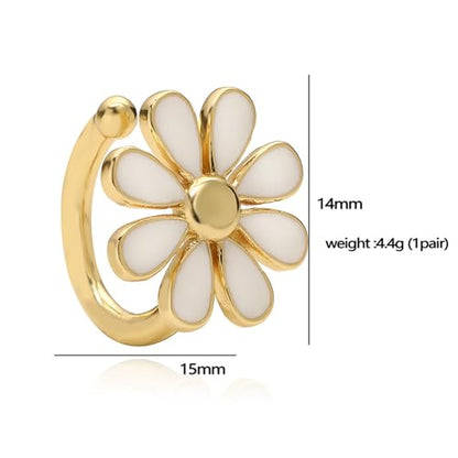 Cute Daisy Flower Ear Cuff Earring Cartilage Clip On Non Piercing Lovely Sweet 14K Gold Plated White/Pink Enamel Floral Fake Huggie Hoops Earrings for Women Hypoallergenic Fashion Trendy Jewelry Gifts 14*15mm - color: White