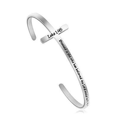 𝐂𝐫𝐨𝐬𝐬 𝐁𝐫𝐚𝐜𝐞𝐥𝐞𝐭 Religious Cuff Bangle 𝐁𝐢𝐛𝐥𝐞 𝐕𝐞𝐫𝐬𝐞 Christian Gifts Jewelry for 𝐖𝐨𝐦𝐞𝐧 - style: Silver cuff-Blessed is she who has believed ... to her -Luke 1:45