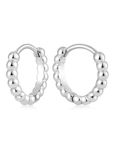 Fiusem 14K Gold Plated Huggie Hoop Earrings for Women | 8/10/12 Hypoallergenic Small Twisted beaded Huggie Earrings - color: Silver Bead, size: 10MM