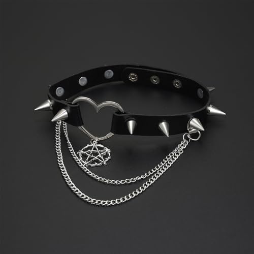 OIDEA Heart-Shaped Leather Choker for Women: Black Punk Gothic Spike Choker Collar with Five-Pointed Star Pendant Adjustable Chain Necklace Jewelry Gifts