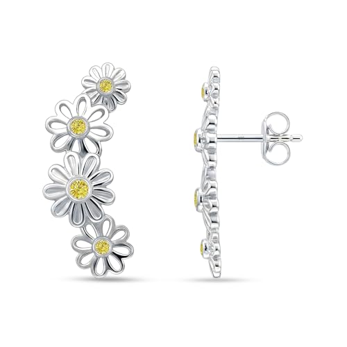 LeCalla 925 Sterling Silver Ear Crawler Earrings for Women | Flower Ear Climber Earring with Cubic Zirconia | Hypoallergenic CZ Stud Earring Cartilage Jewelry 20MM