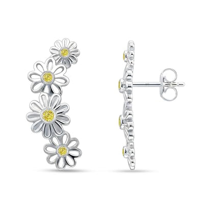LeCalla 925 Sterling Silver Ear Crawler Earrings for Women | Flower Ear Climber Earring with Cubic Zirconia | Hypoallergenic CZ Stud Earring Cartilage Jewelry 20MM