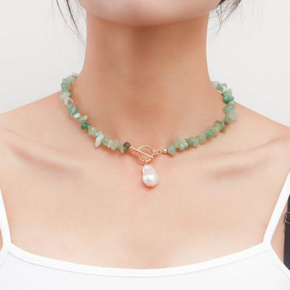 Bohemian Stone Pearl Choker Necklace for Women Dainty Natural Irregular Stone Choker Turquoise Beaded Lariat Necklace Simple Fashion OT Toggle Spiritual Handmade Jewelry - color: Green