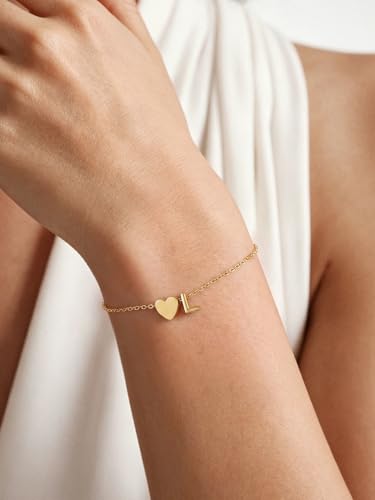 KeyStyle Initial Heart Bracelet for Women Waterproof Stainless Steel Chain | 14K Gold Plated /Silver A-Z Letter Adjustable Charm Bracelet, Hypoallergenic Non Tarnish Dainty Gift for Everyday Wear - color: 14K Gold Plated-L