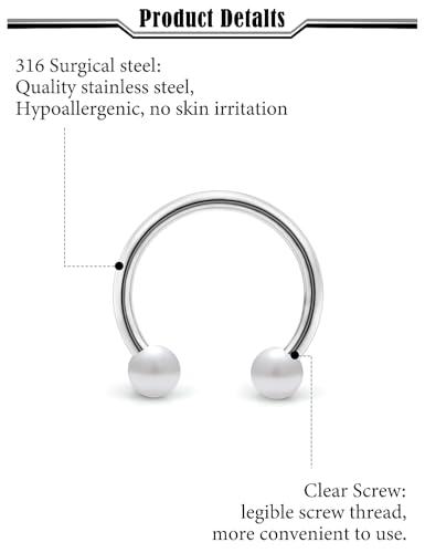 20G 18G 16G 14g Septum Rings Surgical Steel Horseshoe Nose Septum Rings Cartilage Helix Tragus Rook Daith Earring Hoop Lip Piercing Jewelry Retainer for Women Men - style: 14g-inner dia:10mm-4mm balls