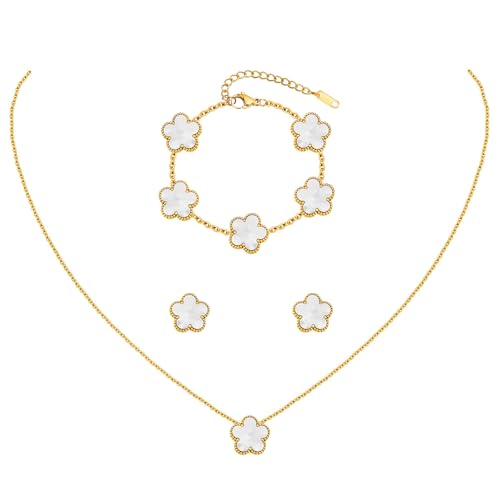 Clover Jewelry Set for Women, 18K Gold Plated Necklace Bracelet & Stud Earrings Set, Stainless Steel Non Tarnish Gold Jewelry Set, Lucky Necklace and Earring Set Gift for Her - color: White