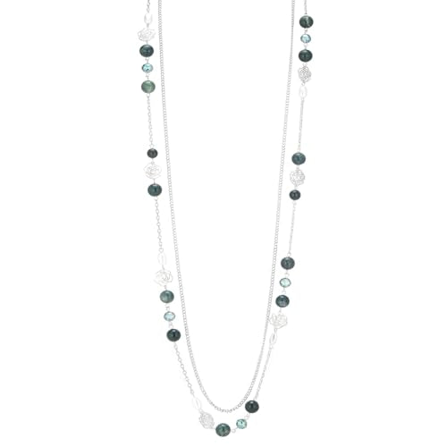 FULU AUTUMN Long Layered Silver Necklaces for Women - Natural Stone and Dainty Flower Beaded Sweater Chain Fashion Jewelry Gifts - color: Green