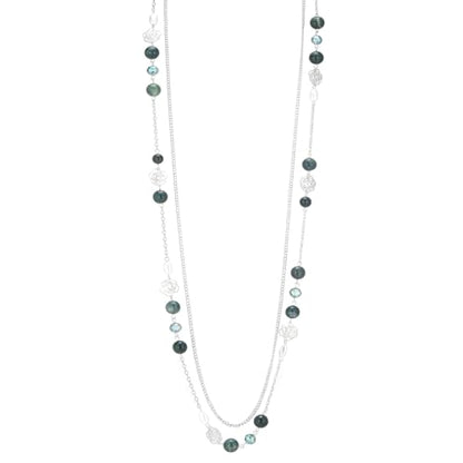 FULU AUTUMN Long Layered Silver Necklaces for Women - Natural Stone and Dainty Flower Beaded Sweater Chain Fashion Jewelry Gifts - color: Green