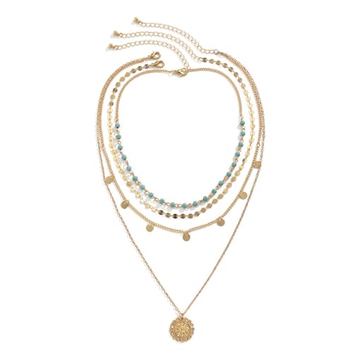 Gold Layered Necklace for Women Summer Boho Layered Stacked Pendant Necklace Country Concert Necklace Turquoise Coin Long Necklace - color: A