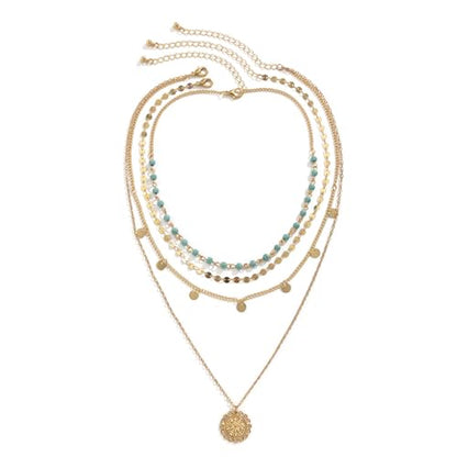 Gold Layered Necklace for Women Summer Boho Layered Stacked Pendant Necklace Country Concert Necklace Turquoise Coin Long Necklace - color: A