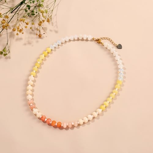 Joya Love Colorful Gemstone Beaded Necklaces For Women Trendy Rainbow Natural Stone Boho Handmade Stainless Steel Waterproof Strand Necklaces Jewelry For Women Gift - color: White Yellow