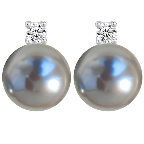 Faux Pearl Cubic Zirconia Stud Earrings, Hypoallergenic Lightweight Round Pearl Studs for Women - color: Blueish Silver, size: Pearl 12mm-CZ 3mm