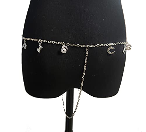 Women Sexy Rhinestone Waist Body Chain Crytal Sexy Letter Pendant Belly Waist Chain T-string Thong Body Jewelry - color: Pisces Letter