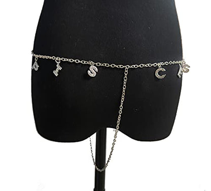 Women Sexy Rhinestone Waist Body Chain Crytal Sexy Letter Pendant Belly Waist Chain T-string Thong Body Jewelry - color: Pisces Letter