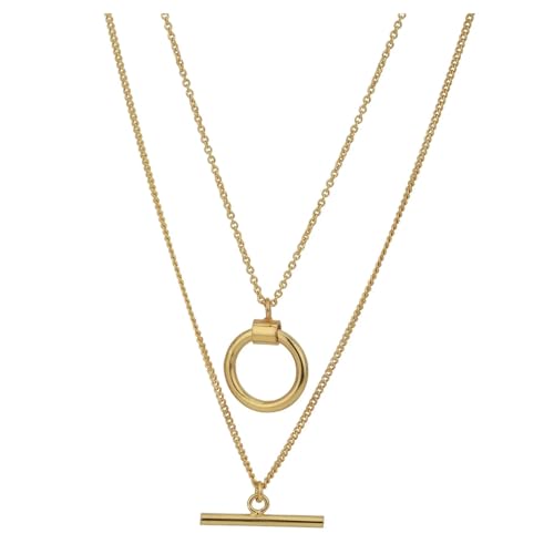 Layered Necklace Set – Double Chain Open Circle and Bar Pendant for Women crafted in Rhodium Plated or 14K Yellow Gold Plated Sterling Silver– Minimalist Stacking Jewelry (16” & 18” Adjustable) - color: Yellow Gold