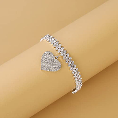 Fesciory Heart Rhinestone Ankle Bracelets for Women, Adjustable Silver Plated Shiny Tennis Anklets, Twinkle Cubic Zircon Imitation Diamond Anklet Foot Chain Jewelry Gifts - color: Thick Heart