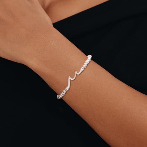 Beaded Bracelets for Women 14K Silver Gold Plated Stretch Handmade Ball Bracelets Cute Charm Bracelet Dainty Stackable Cross Heart Bow Wave CZ Circle Trendy Jewelry Easter Gifts - color: wave-silver