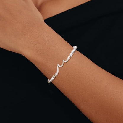 Beaded Bracelets for Women 14K Silver Gold Plated Stretch Handmade Ball Bracelets Cute Charm Bracelet Dainty Stackable Cross Heart Bow Wave CZ Circle Trendy Jewelry Easter Gifts - color: wave-silver