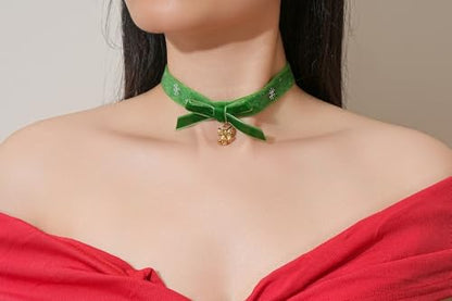 FOSIR Velvet Choker for Slender Neck, 14k Gold Plated Sainless Steel Heart/Snowman/Deer/Hat/Tree/Bell/Pendant Collar Necklace for Women, Adjustable Soft Skin-Friendly Velvet Jewelry Gifts - color: Green Choker-Bell