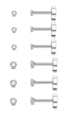 Fansilver 20G Hypoallergenic Flat Back Earrings for Women Men Silver 14K Gold Stainless Steel Stud Earrings Birthstone Cubic Zirconia Studs Surgical Steel Cartilage Earrings for Sensitive Ears - color: Silver Shiny