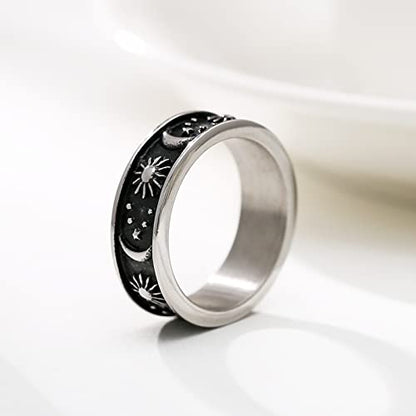HZMAN 8mm Moon Star Sun Statement Ring Stainless Steel Boho Jewelry for Women Men - color: Silver