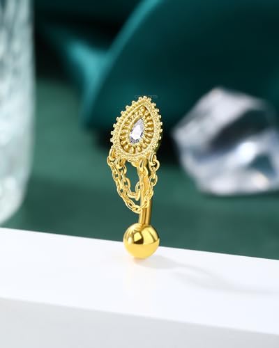 Belly Button Rings 14G Reverse Belly Navel Rings for Womne Gold Floating Navel Piercing Jewelry Stainless Steel - color: YG-Drop