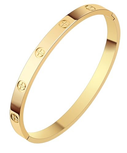 Waterproof 18K Gold PVD Plated Bracelet for Women, Non-Tarnish Stainless Steel Bangle with Engraved Cross Pattern and 5A Cubic Zirconia, Trendy Jewelry Gift for Her - color: Gold-Cross, M/L, size: M/L