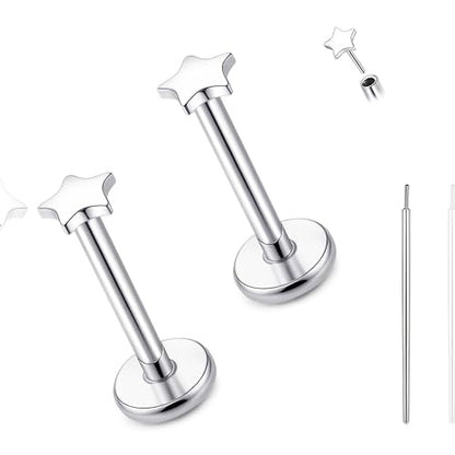 limerencia Titanium Threadless Flat Back Earrings Stud Piercing Jewelry | 20G Press Fit Titanium Push Pop in Cartilage Tragus Labret Lip Medusa Conch Piercing Jewelry Hypoallergenic for Women Men - style: Star Silver