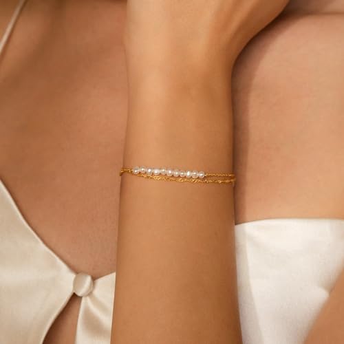 SLOONG 14K Gold Plated Pearl Bracelets for Women Trendy | Dainty Stackable Layered Chain Bridesmaid Bracelets, Waterproof Wedding Jewelry for Women Adjustable 6"+2" - color: Style2(Pearl)