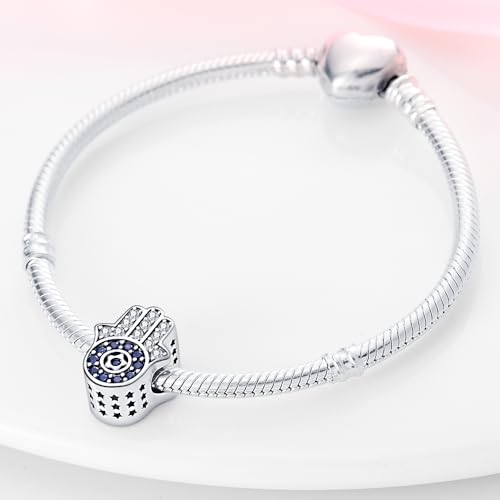 LNQOBU 925 Sterling Silver Charms for Bracelets Necklaces,5A Cubic Zirconias Evil Eye Dangle Beads Charms Jewelry Gift for Women (With one Spacer Beads Charms) - style: Fatima's Hand Bead Charm