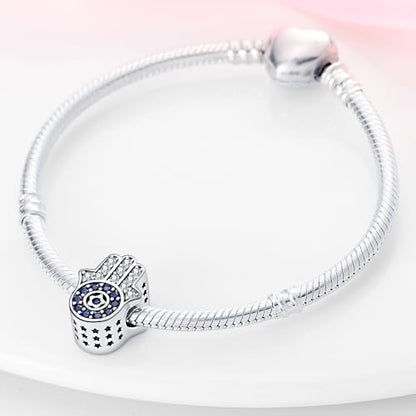 LNQOBU 925 Sterling Silver Charms for Bracelets Necklaces,5A Cubic Zirconias Evil Eye Dangle Beads Charms Jewelry Gift for Women (With one Spacer Beads Charms) - style: Fatima's Hand Bead Charm
