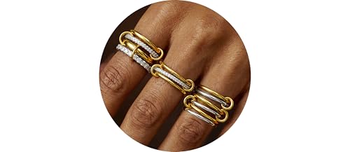 ACLOKOO 4 Pack Interlocked Stackable Rings for Women - 14K Gold Plated Statement 4 Mixed Metals Multi Ring Stack - Cubic Zirconia Two-Toned Connected Bands Stacking Jewelry